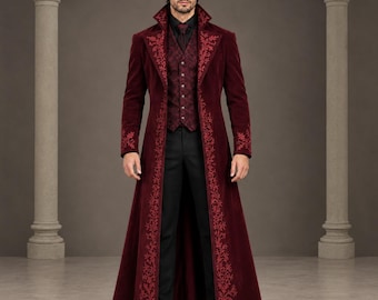 May include: A long, deep red velvet coat featuring a high collar and intricate red floral embroidery along the lapels and cuffs. The coat is worn over a matching red patterned vest with silver buttons, a black shirt, and black trousers.
