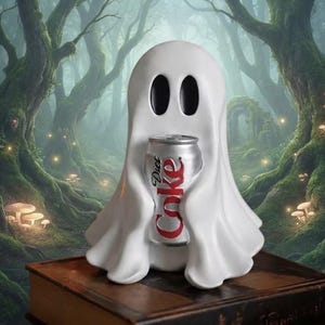 Peut inclure: Une figurine de fantôme blanc avec deux yeux ovales noirs tenant une canette de soda Diet Coke argentée. Le fantôme a une forme lisse et arrondie avec des bords drapés, et la canette présente le logo rouge Diet Coke imprimé sur sa face avant.