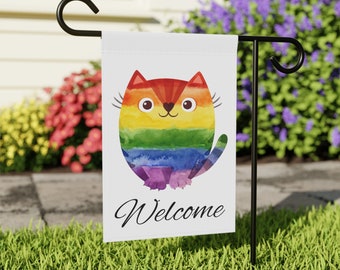 Rainbow Cat Welcome LGBTQ Pride Garden & House Banner Flag