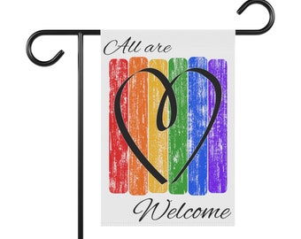 Rainbow Heart Love All are Welcome LGBTQ Pride Equality Garden House Banner Flag