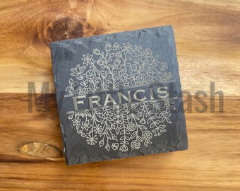 Personalized Laser engraved slate coasters set of 4 flowers monogram last name surname floral