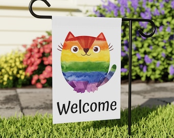 Rainbow Cat Welcome LGBTQ Pride Garden & House Banner Flag