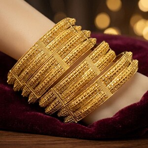 Gold Plated Bangle Set | 4 Piece Statement Bangles | Ethnic Bohemian Bracelet Set | Wedding Jewelry