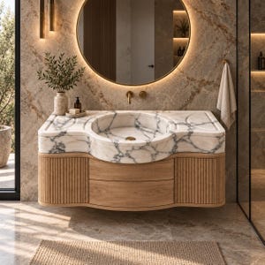 May include: A wall-mounted bathroom vanity featuring a white marble countertop with grey veining and an integrated circular basin. The base is constructed from light-toned wood with vertical fluted side panels and two central drawers.