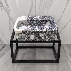Lavabo de mármol hecho a mano, lavabo de piedra morada y blanca, lavabo de baño rectangular redondeado.