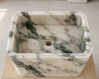 Lavabo de mármol verde Calacatta, lavabo de piedra natural tallado a mano, lavabo de baño de lujo, lavabo de tocador de mármol verde, lavabo a medida