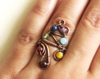 Chakra ring wire wrapped Rainbow big ring copper Adjustable chakra stones Mother Day gift idea Chakra jewelry Yoga Ring 7 stones Size choice