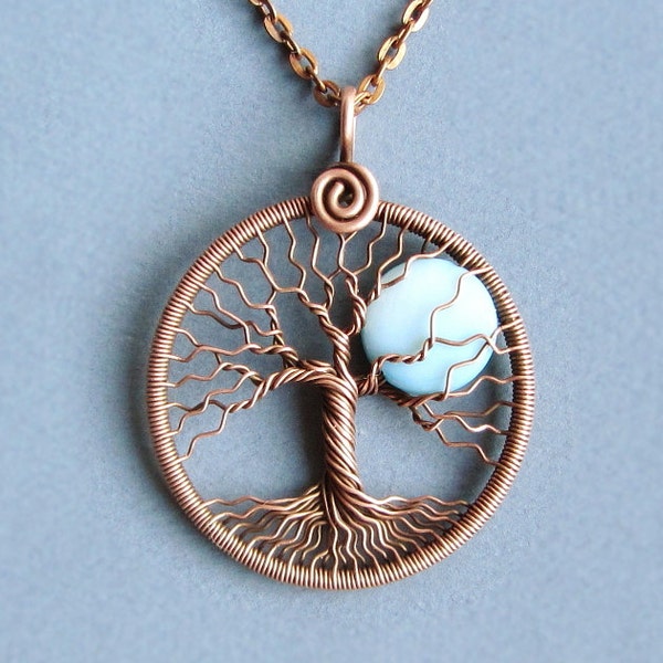 Blue moon necklace Full moon Tree of life Copper Mother of Pearl Shell pendant round Birthday Lunar jewelry wedding anniversary gift idea