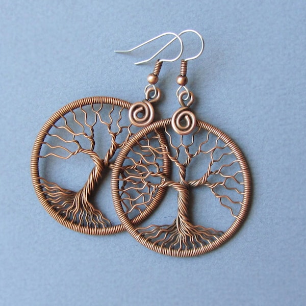 Tree of life round earrings Christmas Handmade jewelry wire wrapped copper and ear hook surgical steel Anniversary gift for mom her hippie