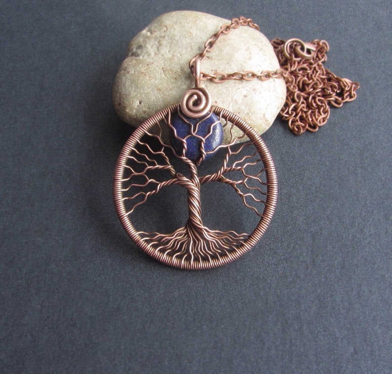 Mother day gift for her Full moon necklace copper wire Tree of life pendant September birthstone navy blue Lapis lazuli Universal gift him