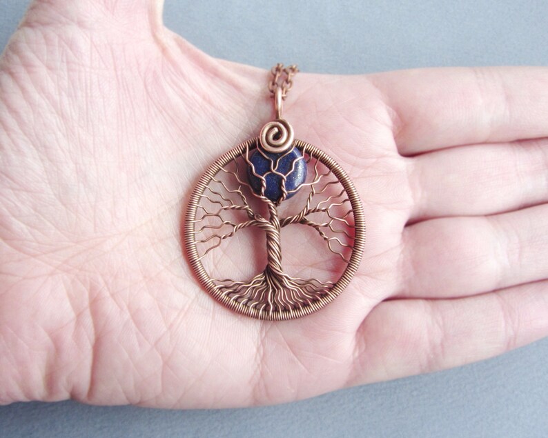 Mother day gift for her Full moon necklace copper wire Tree of life pendant September birthstone navy blue Lapis lazuli Universal gift him