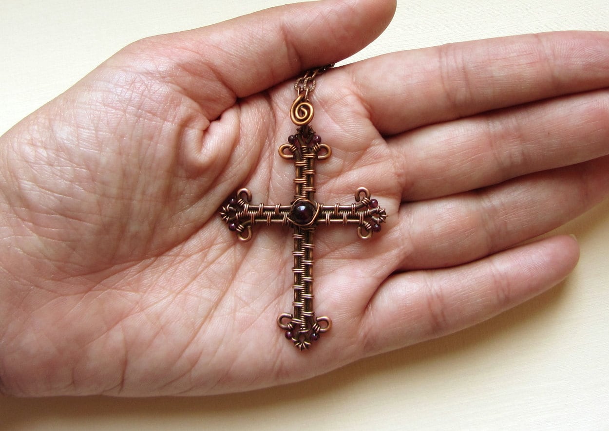 Wire Wrapped Cross necklace pendant Copper and natural Etsy