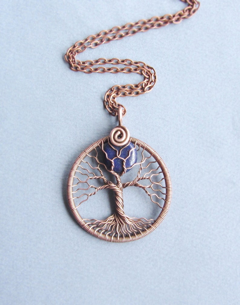 Mother day gift for her Full moon necklace copper wire Tree of life pendant September birthstone navy blue Lapis lazuli Universal gift him