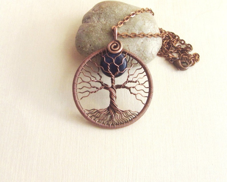 Mother day gift for her Full moon necklace copper wire Tree of life pendant September birthstone navy blue Lapis lazuli Universal gift him