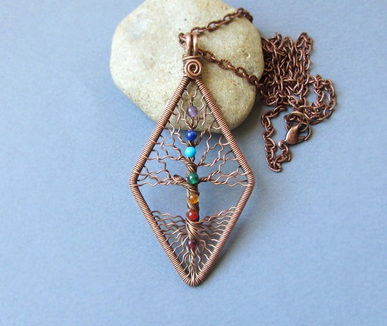Chakra necklace Yoga pendant Tree of Life copper wire wrapped Etsy