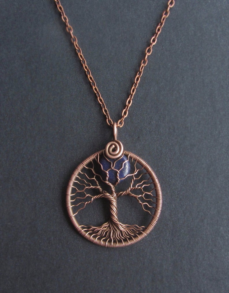 Mother day gift for her Full moon necklace copper wire Tree of life pendant September birthstone navy blue Lapis lazuli Universal gift him