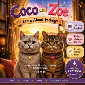 Può includere: Una copertina di libro digitale per bambini intitolata Coco and Zoe Learn About Feelings, con un gatto grigio e un gatto tigrato marrone con targhette a forma di cuore. Il testo include A story about kindness, empathy, and sisterly love di J. Volf.