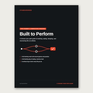 May include: A black informational guide titled Built to Perform with white and orange text. It features a path diagram, a checklist, and the text: For student & competitive athletes, a choose your path guide to training, eating, sleeping, and recovering.