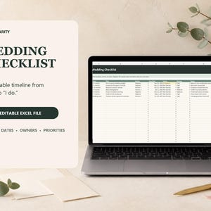 May include: A laptop displaying a digital wedding checklist spreadsheet. The screen shows columns for tasks, dates, owners, and priorities. Text on the left reads KIT & CLARITY, WEDDING CHECKLIST, An editable timeline from Yes to I do, and EDITABLE EXCEL FILE.
