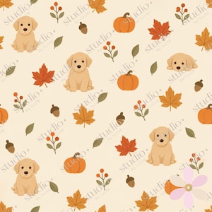 Puede incluir: Un patrón repetitivo sobre un fondo crema claro con ilustraciones de cachorros de color marrón claro, calabazas naranjas, hojas de arce rojas, bellotas marrones y ramitas de bayas rojas. El texto studio by lucile se repite en la imagen.