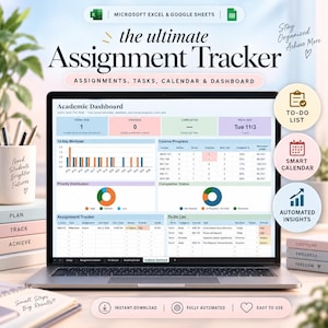 Puede incluir: Una plantilla digital de seguimiento de tareas para Microsoft Excel y Google Sheets en la pantalla de una computadora portátil. El panel muestra una visión general académica con gráficos, tablas de progreso de cursos y una lista de tareas. Incluye iconos para listas de tareas, calendarios inteligentes y análisis automatizados, con etiquetas de texto para planificar, rastrear y lograr objetivos.
