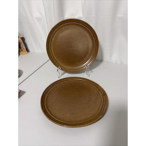 May include: Two round dinner plates with a speckled brown finish. One plate is positioned upright on a clear plastic stand, while the second plate lies flat in front. Both plates feature a smooth, matte-textured surface and a raised rim edge.