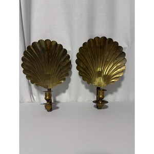 Vintage Pair Solid Brass Scalloped Shell Wall Sconce Candle Holders Taiwan 12in