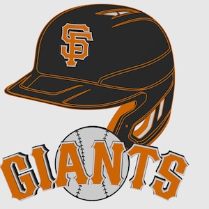 Puede incluir: Una ilustración gráfica que muestra un casco de béisbol negro con bordes naranjas y el logotipo SF naranja en la parte frontal. Debajo del casco hay una pelota de béisbol gris claro con costuras negras y la palabra GIANTS en letras naranjas.