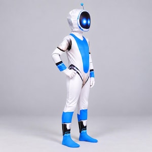 May include: A full-body robot costume featuring a white and blue jumpsuit with integrated gloves and foot coverings. The headpiece includes a large, rounded black visor with two glowing blue circular eyes and a small antenna on the top center.