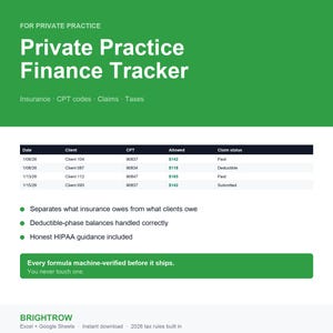 Private Practice Therapist Income Tracker, Insurance Payment Log, CPT Session Bookkeeping (Excel/Google Sheets)