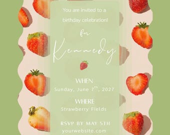 Strawberry Matcha Birthday Invitation | Green Tea Party Template | Editable Canva Invitation | Digital Download