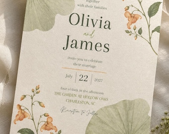 Orange Green Wedding Invitation Template | Botanical Invite | Wildflower Garden | Editable Canva Invitation | Modern Floral