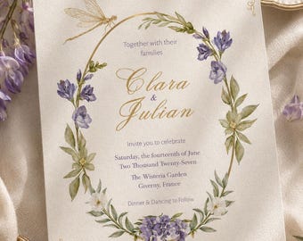 Wisteria Wedding Invitation, Lavender Botanical Invite, Dragonfly Wedding, Editable Canva Template