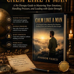 Puede incluir: Un libro titulado Calm Like A Man de Fyodor Vasco, con una ilustración de portada de una persona mirando un atardecer en las montañas. El libro está rodeado por una brújula, un bolígrafo, una vela y una nota con texto sobre mirar hacia adentro.
