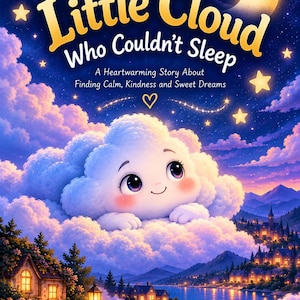 May include: A book cover titled The Little Cloud Who Couldn't Sleep, A Heartwarming Story About Finding Calm, Kindness and Sweet Dreams. It features a smiling white cloud character with large eyes resting above a landscape with a lake and houses.