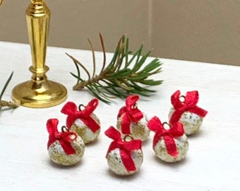 Dollhouse Christmas Ornaments - White with gold glitter and red silk bows - 6 pcs. with storage box - 1:12 Scale Miniature (HH22)