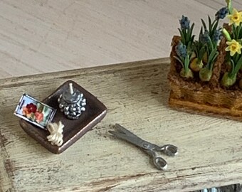 Garden String Holder with Scissors on brown rectangular ceramic plate - Zinc look with 1 seed packet - 1:12 scale miniature (GA76)