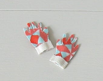 Dollhouse miniature Gardening Gloves -  Modern geometric pattern in cream, orange and blue -  cream cuffs -  1:12 scale (GA33)