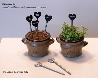 Dollhouse Heart Shaped Plant Markers -  'Black Enamel & Zinc',  7 pcs. - 12th scale miniature -  ENGLISH TEXT (PT5)