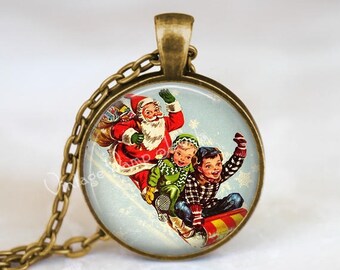Christmas Necklace, Toboggan Necklece, Sled Jewelry, Vintage Christmas Necklace, Christmas Jewelry, Santa and Sled, Reindeer