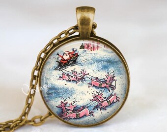 Christmas Necklace, Santa Claus Necklace, Santa Claus Jewelry, Vintage Christmas Necklace, Christmas Jewelry, Santa and Sleigh, Reindeer