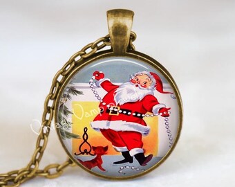 CHRISTMAS Necklace Pendant Jewelry Santa Claus Vintage Christmas Retro Kitsch Glass Bezel Art Pendant Necklace Christmas Nostalgia 1950s