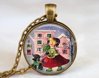 CHRISTMAS Necklace Pendant Jewelry Poodle Vintage Christmas Retro Kitsch Glass Bezel Art Pendant Necklace Christmas Nostalgia 1950s