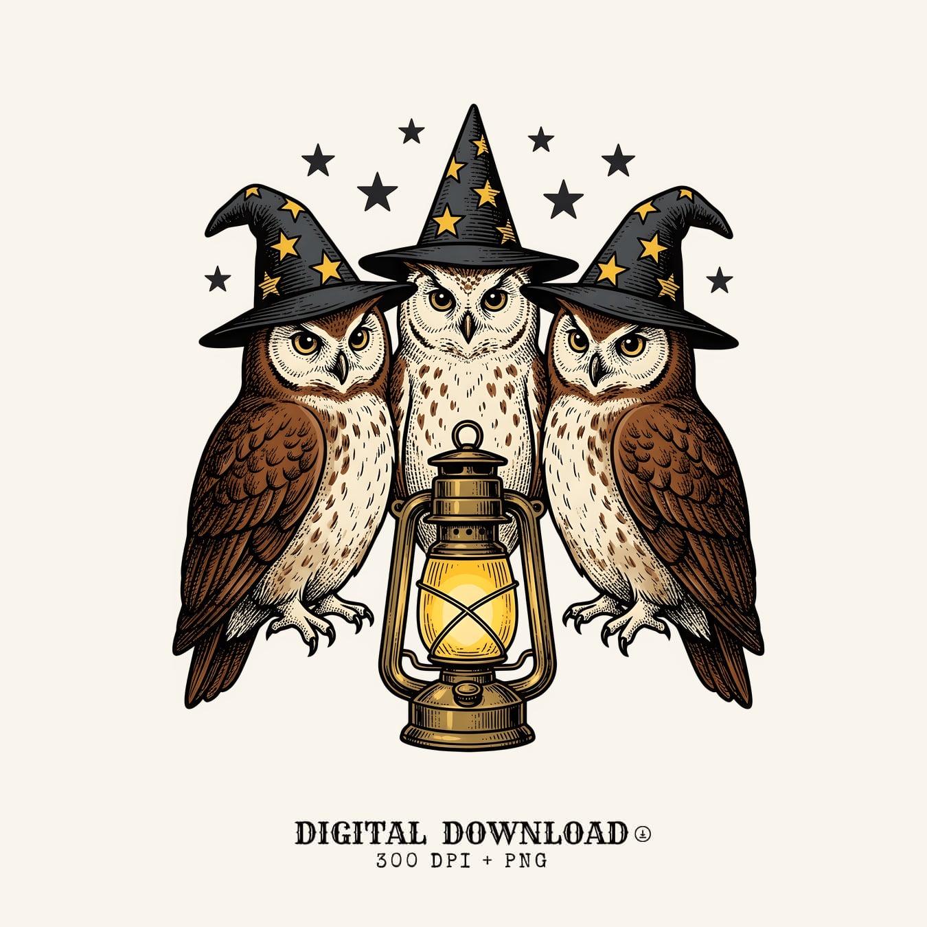 Owl Trio PNG Halloween Witch Gift Vintage Digital Download Owls Printable Spooky Fan Retro PNG Sorce