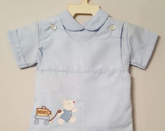 Vintage Jayne Copeland Boys Baby Blue Jon Jon Romper and Shirt with Honey Bear- Size 9 months- New, never worn