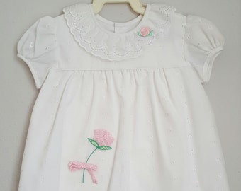 Vintage Girls White Eyelet Bubble Suit with Pink Gingham Rose- Sizes 3 to 9 months- New, never worn- Easter Outfit