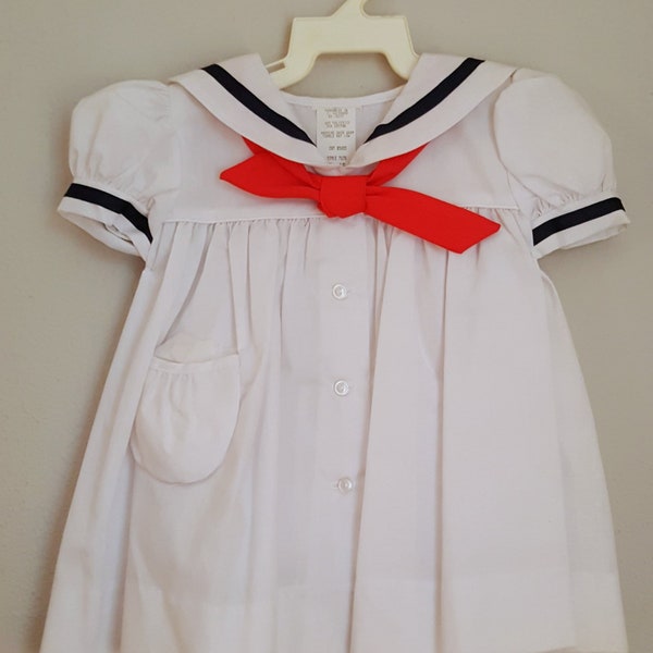 Vintage Classic Girls White Sailor Dress and Bloomers with Red Tie and Navy Trim - 3 months - New, never worn