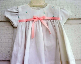 Vintage Girls White Dress with Rosebuds and pink ribbon- Sizes 12 and 18 months - New, never worn