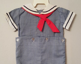 Vintage Boys Navy Checked Sailor Suit with Red Tie by C.I. Castro- Size 6 months- New, never worn
