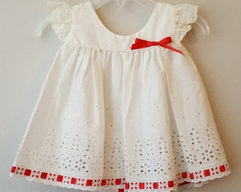 Vintage Girls White Eyelet Pinafore with Red Satin Ribbon and Flutter Sleeves- Size 6 months- New, never worn